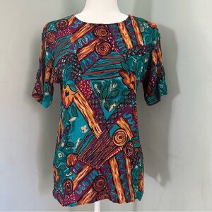 Kelly Stevens Vintage Abstract Women's Blouse, Artsy, 80’s, Rayon, USA Made, L